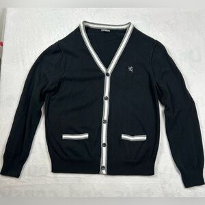 Express Men’s Black Cotton Button Cardigan Sweater White Gray Trim Large V-neck